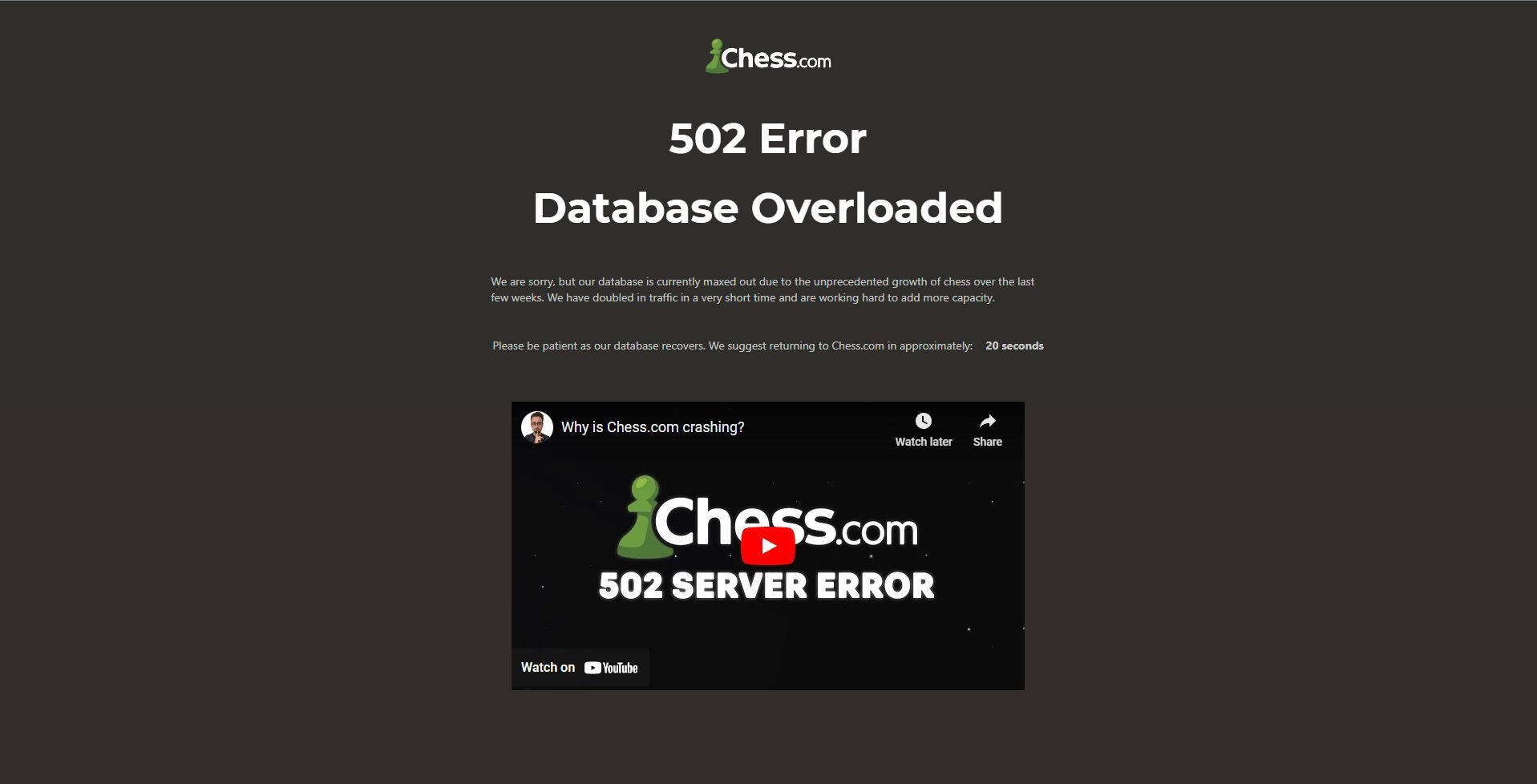 Why Is chess.com Crashing? 502 Database Overloaded